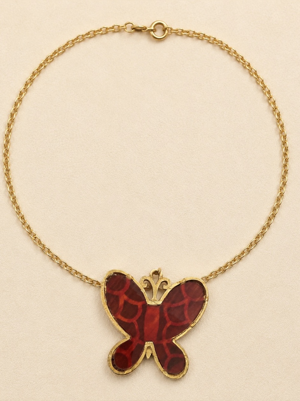 Vintage Burnt Orange Enamel Butterfly Pendant Necklace Gold Tone 70s Boho Retro